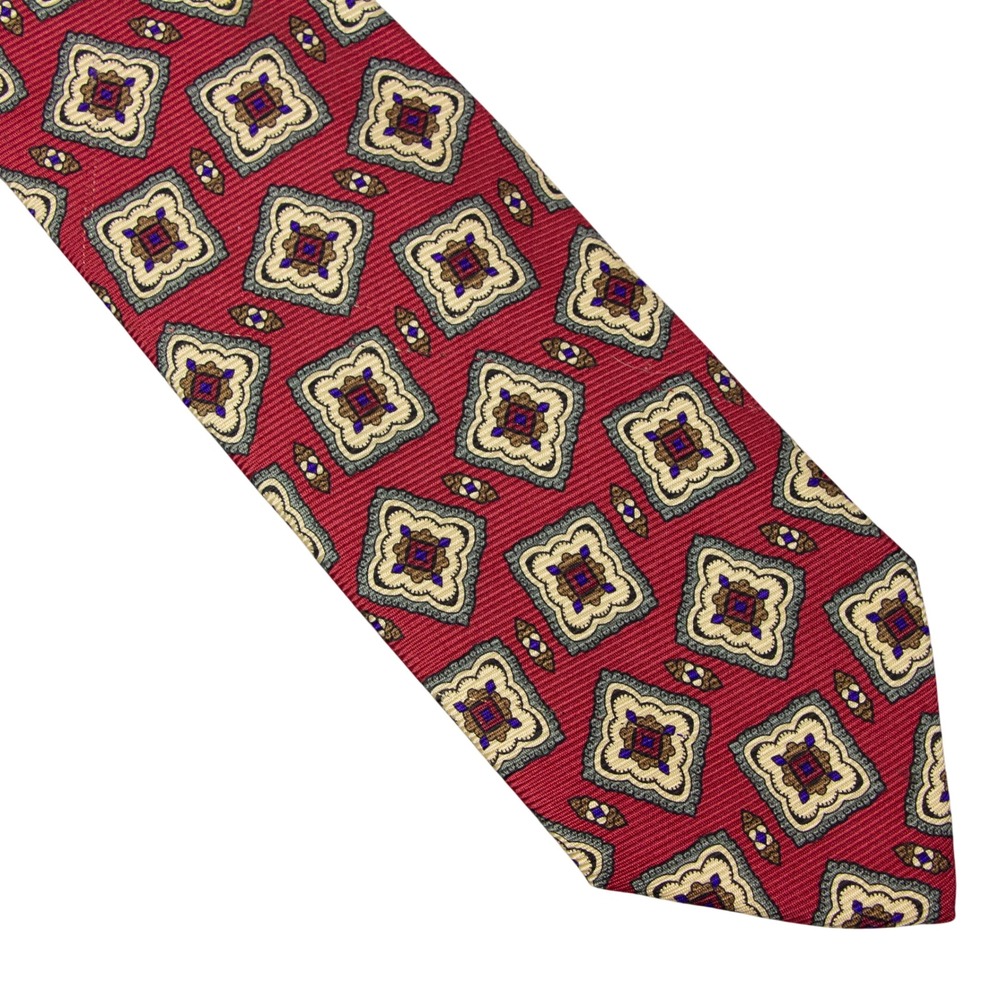 VTG Polo Ralph Lauren Red Geometric Medallion Silk Tie Made in‎ USA Hand Made